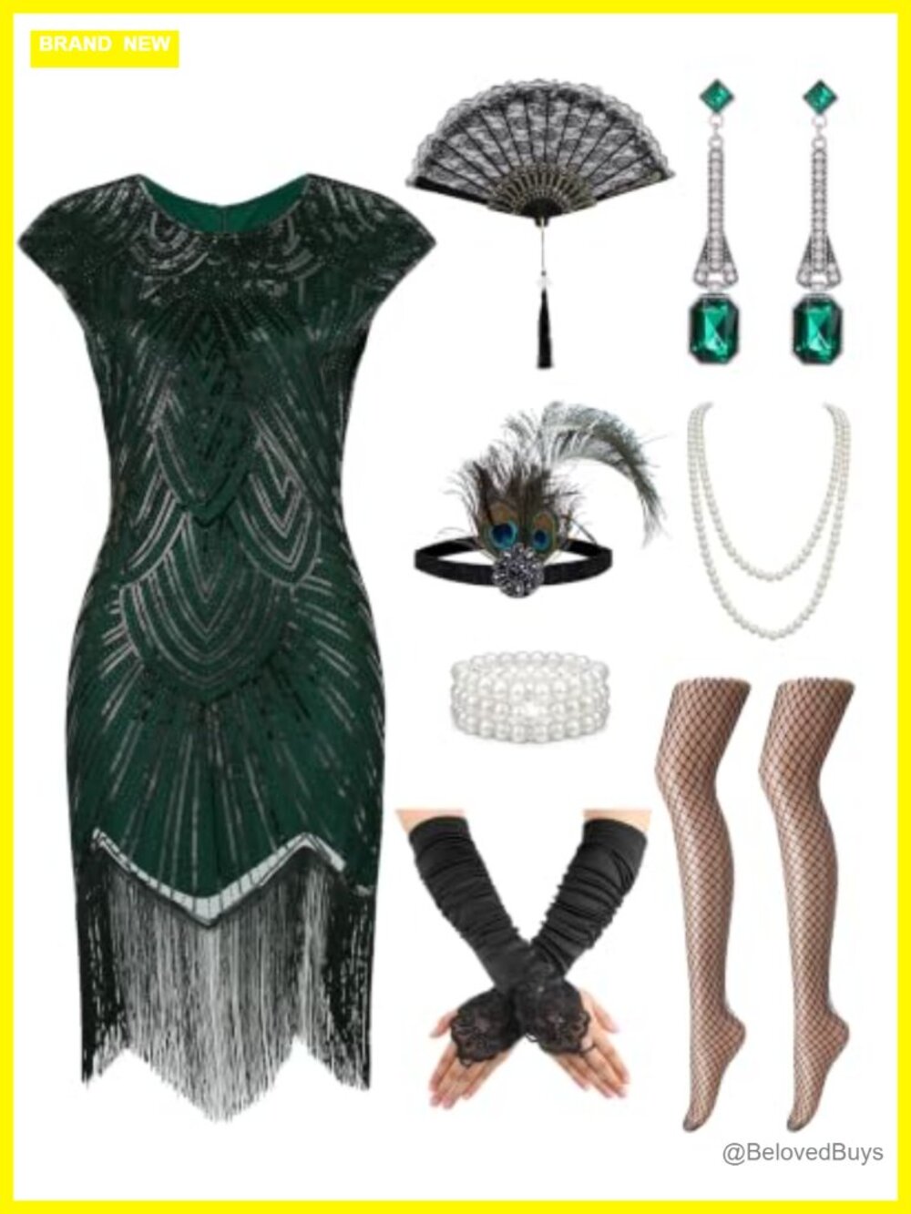 1920s Sequin Fringe Flapper Dress Costume Set with Accessories
